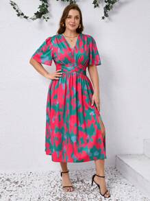 SHEIN Clasi Plus Size Summer V-Neck Short Sleeve Split Minimalist Casual Dress, Western Wear, Festival Boho Bohemia