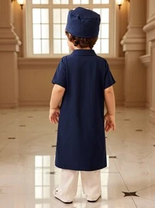 SHEIN 2 szt. Baby Boy Wiosna/Lato Jednolity Niebieski Modny Metaliczny Haft Top Z Czapką, Półotwarty Kołnierz Długi Styl, Nadaje Się Na Wyjścia, Wypoczynek W Domu I Eleganckie Przyjęcia, Strój Unisex Dla Malucha i Niemowlaka - Królewski Niebieski - Zobacz 2