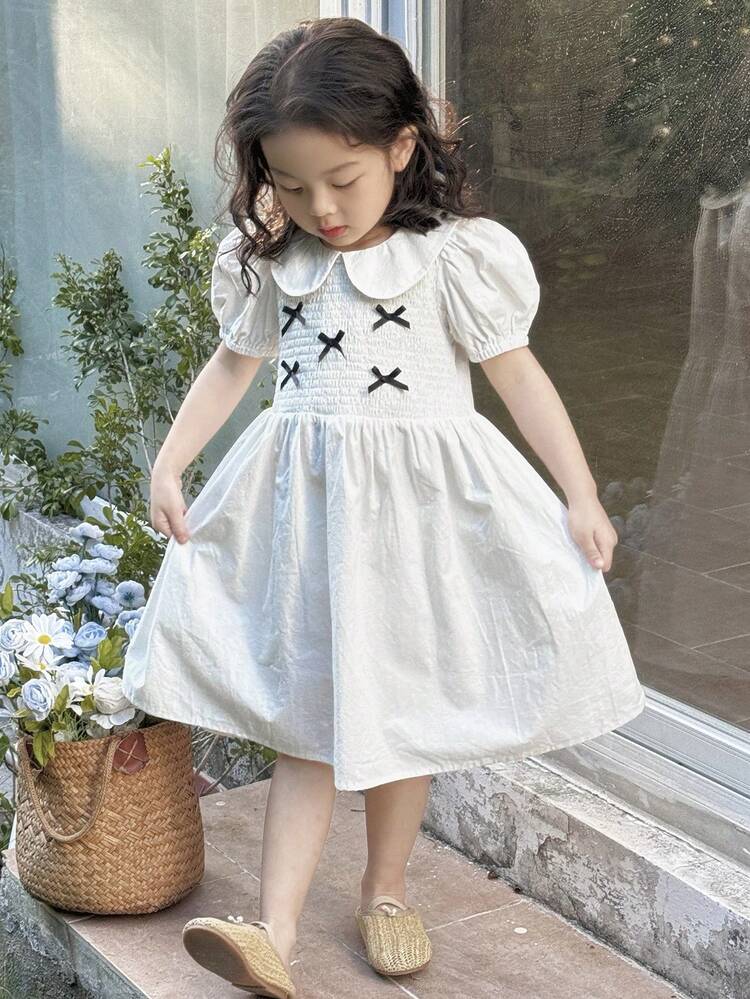 Girl Young Girl Ruffled Collar Bow Decor Short Sleeve Dress, Summer