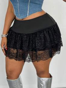 Maweii تنورة على الطراز البسيط بقطع دانتيل وتصميم خط الألف بمقاس كبير، تصميم كاجوال للرحلات والعطلات - الأسود - مشاهدة 5