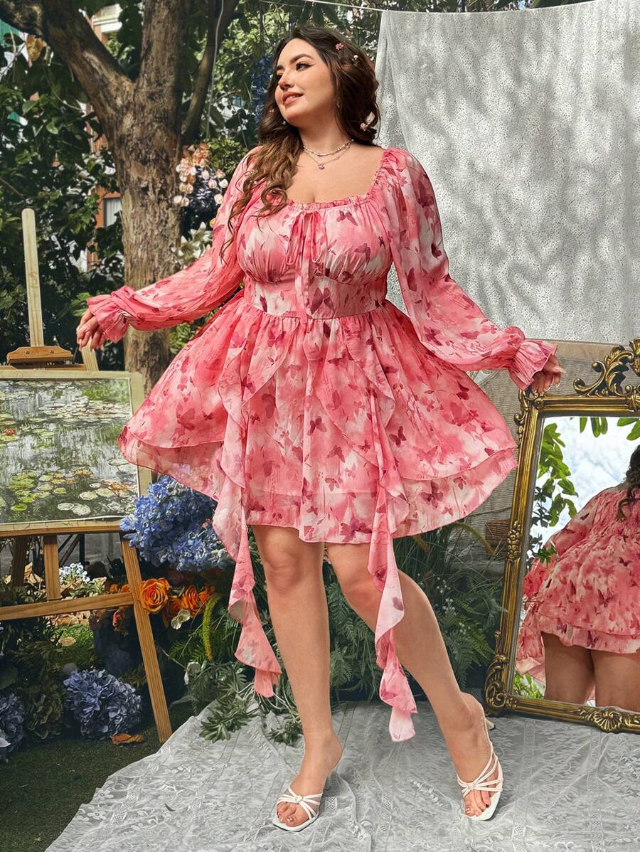 Flirla 大码女式浪漫碎花雪纺连衣裙，荷叶边领，双层蝴蝶结印花，适合度假、派对、返校 - 彩色 - 查看 1