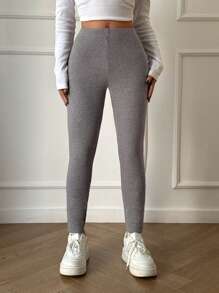 SHEIN Unity Women's Solid Color Casual Leggings, Minimalist Style For Daily Wear Fall Cloth For Women - Grey - View 1