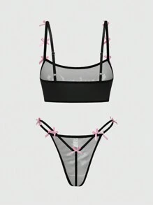 ROMWE Goth 哥特式浪漫情人节骷髅哥特式字体吊带丁字裤内衣套装，带蝴蝶结，可爱