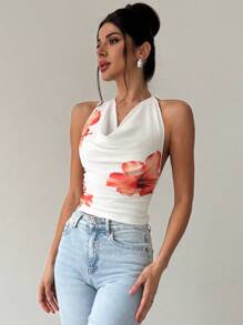 SHEIN Privé Valentine Day Women's Elegant Minimalist Charm Fashion Sexy Party & Music Festival Vibe Mesh Floral Print Halter Plunging Neck Backless Bodycon  Tank Top