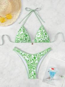 Swim Vcay Summer Women's Neck Tie Floral Print Bikini Top And Bottom Bikini Set - Green - View 1
