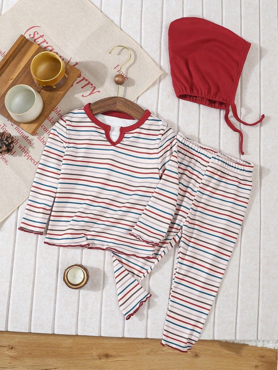 SHEIN 2 Pieces Baby Girl Striped Casual Long Sleeve Top And Long Pants Homewear Set