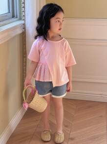 Dazy Kids 女童休闲纯色镂空刺绣拼接不对称下摆T恤，夏季 - 粉色 - 查看 3