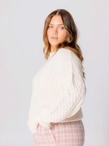 Aralina Curve Cozy Knitted Ivory Cable Crewneck Plus Size Sweater