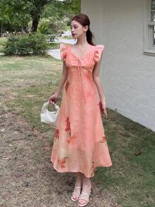 DAZY Women V-Neck Floral Drawstring Waist Cap Sleeve Mid-Length Dress - Pink - View 9