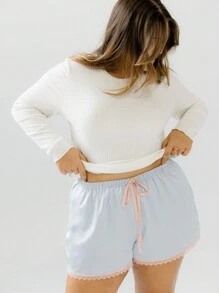 Aralina Curve Satin Contrast Lace Trim Lounge Drawstring Tie Short - Blue - View 11