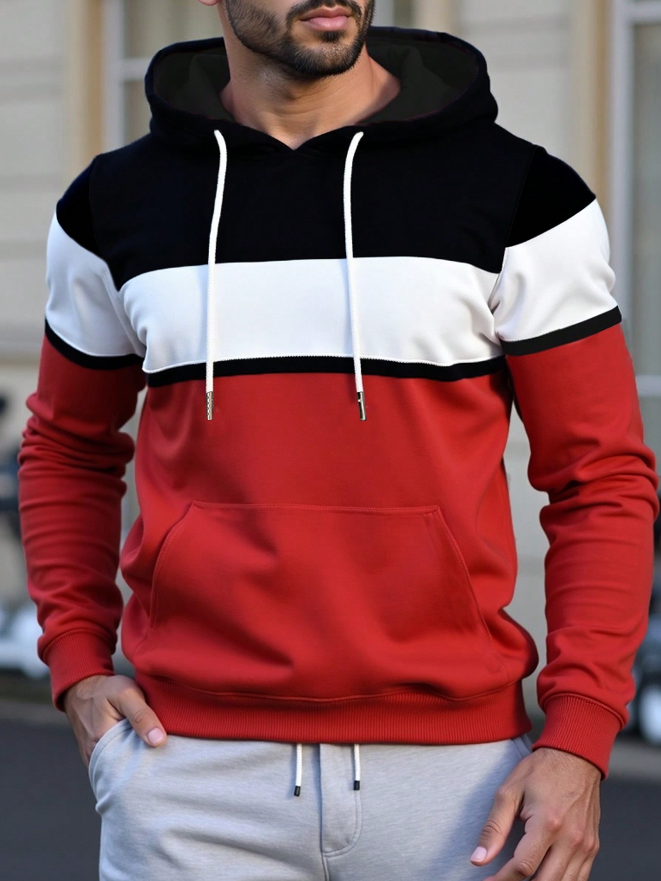 Men's Solid Color Patchwork Long Sleeve Pocket Hoodie, Casual Minimalist Design