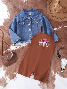 SHEIN 年轻女孩 2 件套：无袖连身裤，配有牛仔帽和公牛图案印花，搭配带有金属纽扣装饰、翻领和大口袋的柔软牛仔夹克，传达出独特的西部风情，适合户外、主题拍摄或休闲穿着 - 彩色 - 查看 5