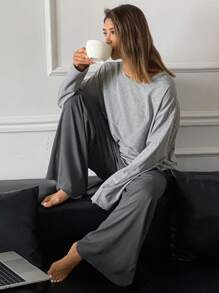 DAZY 2pcs/Set Women Loose Solid Color Long Sleeve Home Wear Set, Spring - Grey - View 6