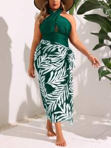 Swim Oasis Femme grande taille 2 pièces maillot de bain dos nu style col ras-du-cou avec jupe cache-maillot longue imprimée au hasard, ensemble tenue de plage d'été décontractée pour vacances