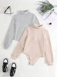 2pcs/Set Tween Girls Ribbed Knit Turtleneck Casual Long Sleeve Jumpsuit - Light Grey - View 2