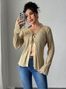 SHEIN Unity V-Neck Long Sleeve Tie-Front Pleated Loose Blouse For Women - Khaki - View 5