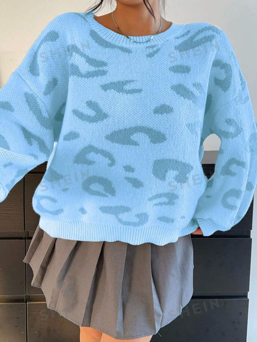 Flirla Suéter de punto de talla grande con cuello redondo y ajuste holgado con estampado de leopardo, otoño/invierno