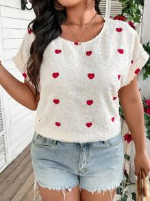 SHEIN LUNE Plus Size Solid Color Embroidered Texture Batwing Sleeve Long Casual Blouse, Suitable For Valentine's Day - Apricot - View 5