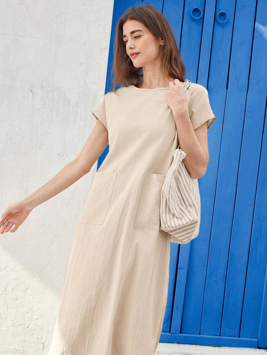 EMERY ROSE Women Casual Round Neck Short Sleeve Pocket Midi Dress, Suitable For Spring And Summer Everyday Outdoor Wear - Khaki - View 1