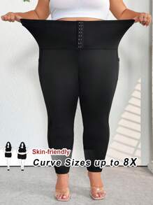 SHEIN CURVE+ Leginsy z dzianiny z wysokim stanem i dużym rozmiarem, eleganckie sportowe, codzienne rajstopy damskie z guzikami z przodu, jesień/zima