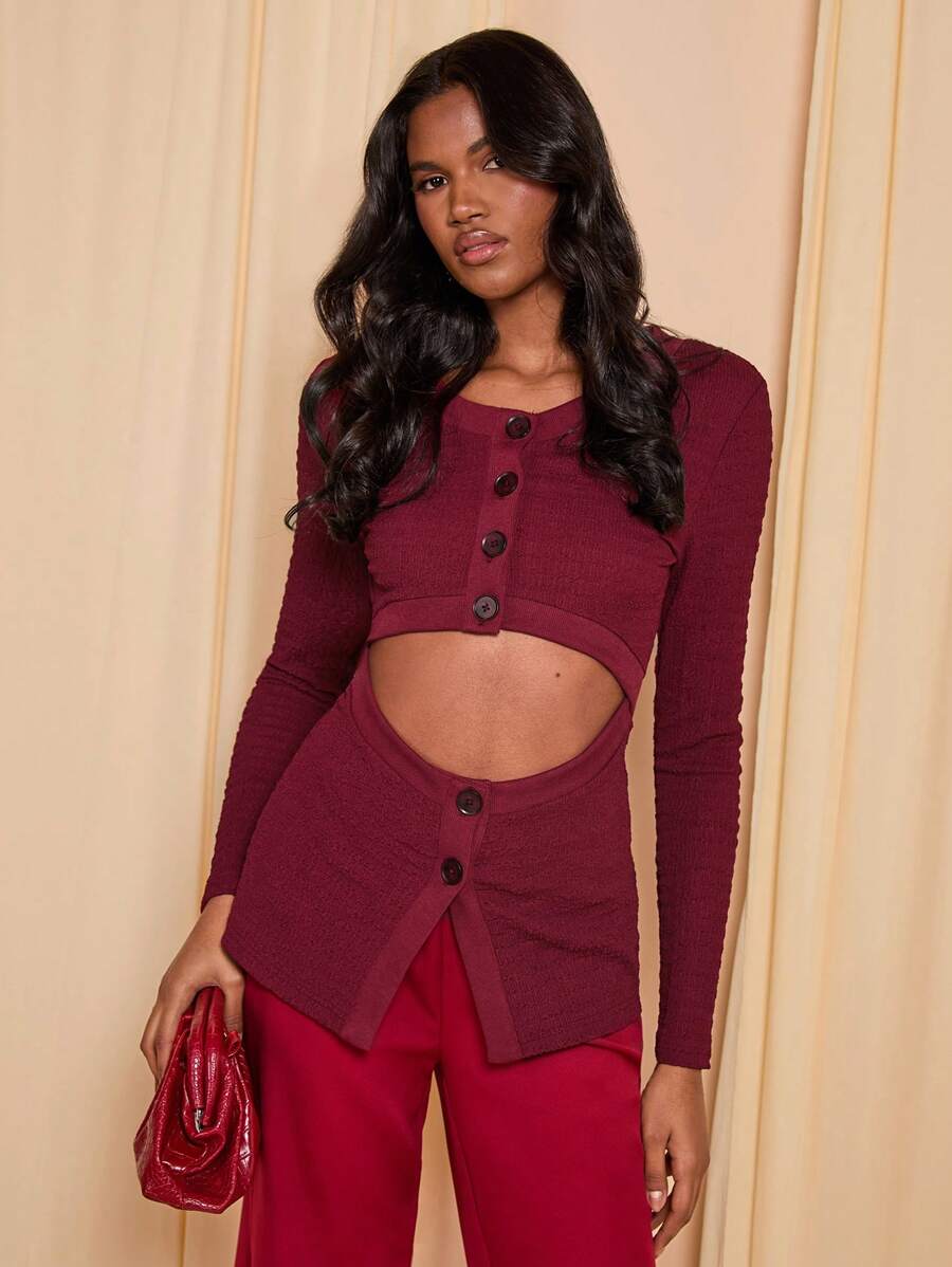 COSMINA Women's Solid Color Front Button Long Sleeve Basic Casual Top - Burgundy - View 1