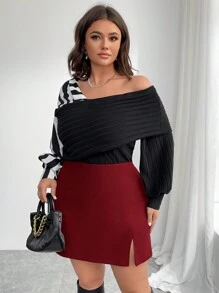 SHEIN Privé Falda roja con aberturas, hecha de tela de lana elegante y de talla grande, versátil para ir al trabajo, eventos sofisticados, el té de la tarde, citas, conciertos y fiestas - con estilo inspirado en el vintage y actual