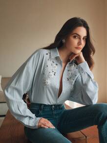 Anewsta Light Blue,Autumn,Elegant,Tea Party Embroidered Crystal Decor 3D Flower Trim Collar Long Sleeve Modern Blouse Top For Valentine's Day,New Year,Date - Baby Blue - View 7