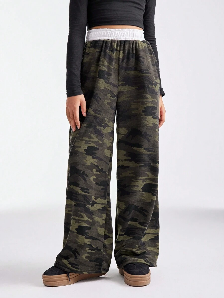 SHEIN Tween Girls Spring/Summer Camo Knit Wide Leg Casual Pants - Army Green - View 1