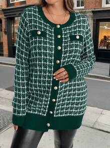 SHEIN Clasi Plus Size Front Button Long Sleeve Basic T-Shirt, Casual Daily Wear - Dark Green - View 5