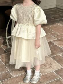 DAZY Girls (Little Young Girl) Ruffled Mesh Princess Dress, Round Neck Short Sleeve, Fashionable Summer Outfit - Beige - View 5