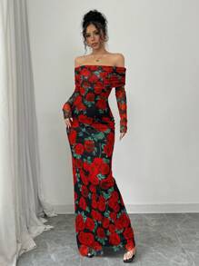 Elenzga Elegant Rose Print Off Shoulder Dress, Fall New Year Valentine's Day Wear For Women - Red - View 6