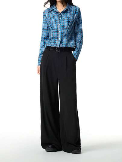 LYSMO Ramadan Women's Plaid Long Sleeve Single-Breasted Fitted Shirt