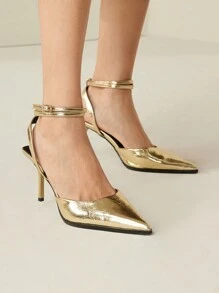 MOTF PREMIUM METALLIC ANKLE STRAP POINTED TOE PUMPS, FOR VALENTINE'S DAY SPRING SHOES PROM HEELS SPRING SHOES - Gold - View 7