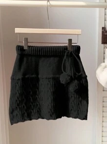 Comfortcana Falda de suéter con cordón en la cintura de unicolor, casual para otoño/invierno