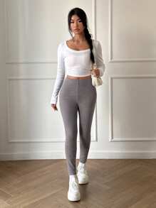 SHEIN Unity Women's Solid Color Casual Leggings, Minimalist Style For Daily Wear Fall Cloth For Women - Grey - View 3
