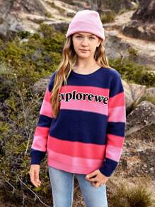 SHEIN Vestiti per ragazze adolescenti in stile casual all'aperto, maglione pullover a righe caldo e confortevole per ragazze adolescenti, alla moda e versatile per l'uso quotidiano, le gite, la fotografia di strada in città - Rosso - Visualizzare 5