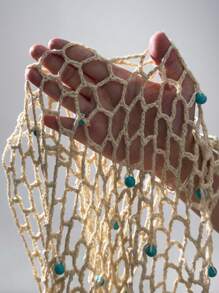 Plus Size Women's Handmade Crochet Beaded Fringes Decor Shawl Swimsuit Cover Up, Apricot Color, Elegant And Sexy For Holiday For Summer Beach Vacation