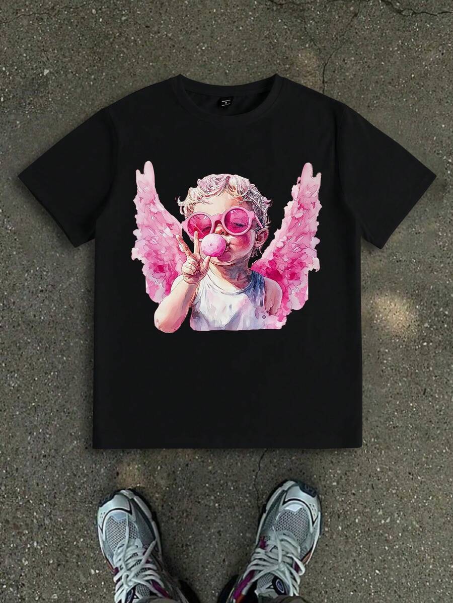 Manfinity Dauomo 丘比特吹泡泡趣味图案常规圆领短袖男式 T 恤