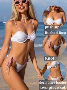 SHEIN Swim بيكيني أبيض قطعتين للنساء مجموعة ذات علوي بانديو وسراويل ربطة بالجانب، ملابس شاطئ بيكيني جميلة - متعدد الألوان - مشاهدة 8