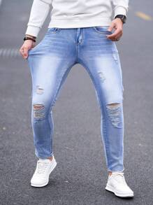 Manfinity Homme Men's Ripped Pocket Simple Skinny Jeans, Casual For Daily Wear - Light Wash - View 3