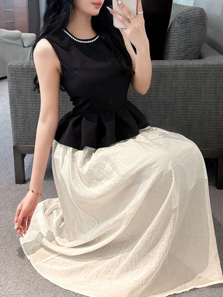 2pcs Women Festival Date Night Outfit Sleeveless Round Neck Tank Top And Color Block Skirt Set