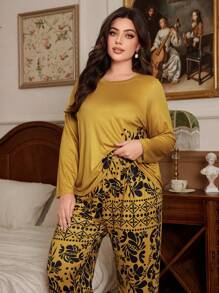 复古碎花印花加大码长袖上衣和裤子睡衣套装，秋冬服装 - 黃色 - 查看 5