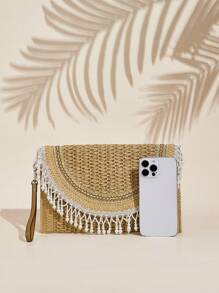 SHEIN VCAY Paper Woven Party Clutch Purse, Women's Fashion Minimalist Solid Color Wallet, Suitable For Summer Vacation And Travel, Straw Wallet, Straw Beach Bag, Beach Essentials, Summer Necessities, Best For Beach Vibe, Decorated With Pearl Tassel