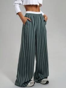 SHEIN Essnce Pantalones largos de mujer de unicolor con parches, bolsillos y estilo sencillo, para uso diario casual