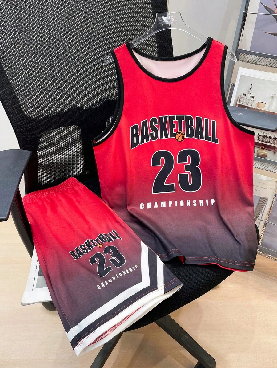 SHEIN Set 2 Potong Jersey Olahraga Kasual Gaya Amerika untuk Anak Laki-Laki Usia Remaja (Tween Boy) - Merah - View 1