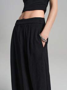 Ontre Women's 2025 New Spring Black Pleated Wide Leg Loose Casual Pants With Pockets - Black - View 6