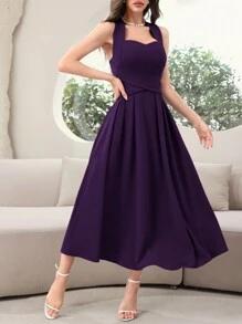 Modelyn 女士纯色露背紫色连衣裙，优雅无袖长款晚礼服 - 紫色 - 查看 3
