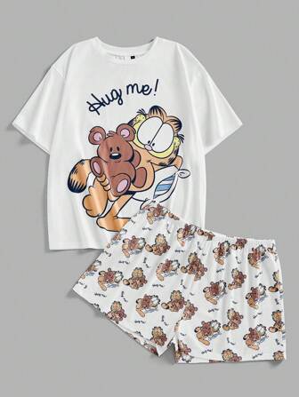 GARFIELD | SHEIN 加大码卡通猫咪印花圆领短袖上衣和短裤睡衣套装夏季服装