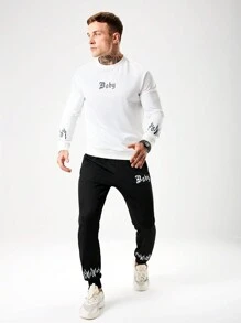 Manfinity Sport Corelite Men's Letter Print Crew Neck Long Sleeve T-Shirt And Pants Sports Suit