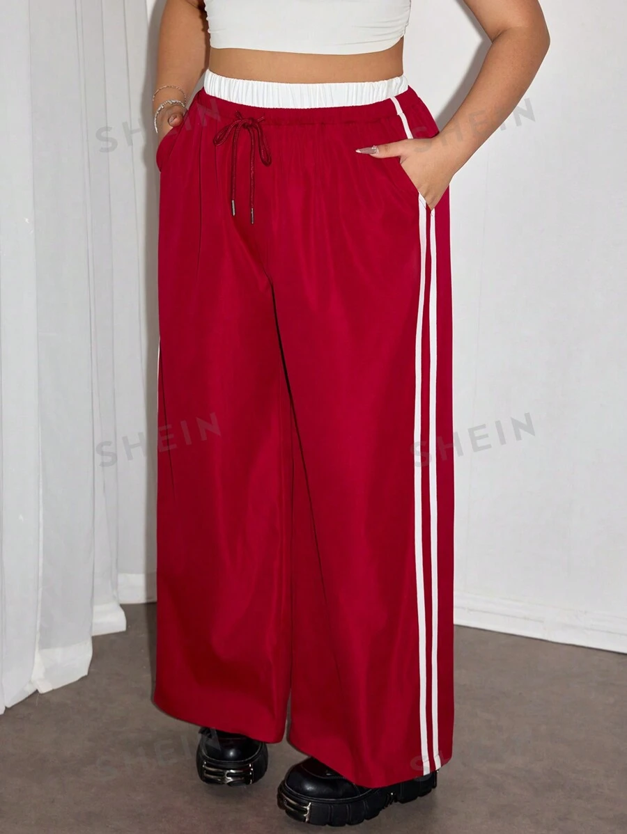 SHEIN ICON Pantalones casuales para mujer de talla grande con bloqueo de color blanco y rojo en la cintura y piernas anchas